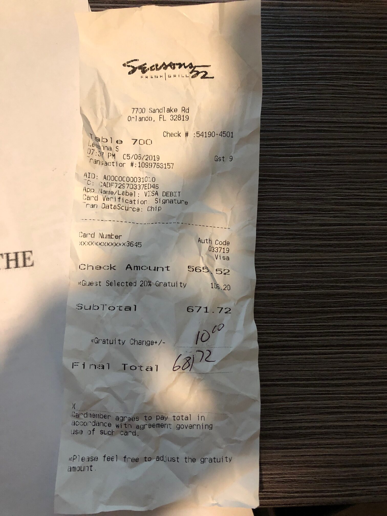 Receipt for Seasons 52